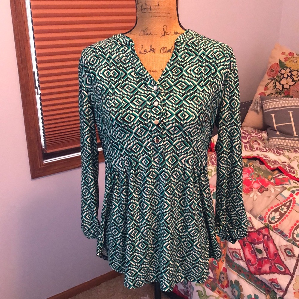 Green and black patterned popover top from Dressbarn